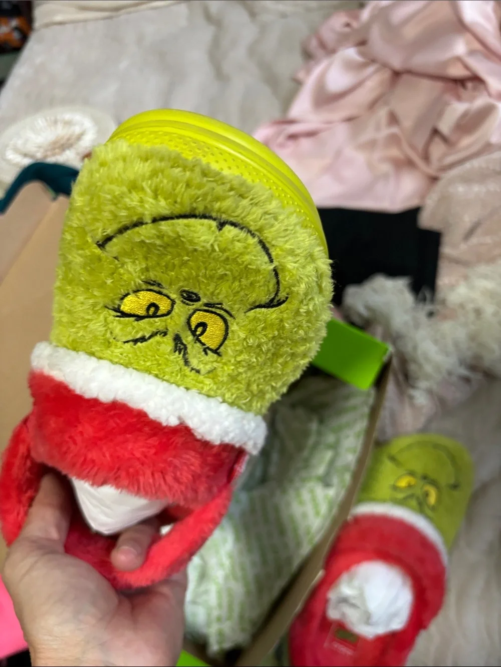 CROCS Kids Grinch Plush Slip-Ons in Green and Red